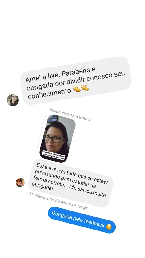 Print real publicado no destaque Depoimentos: mensagens agradecem a live e as orientações para estudar da forma correta.