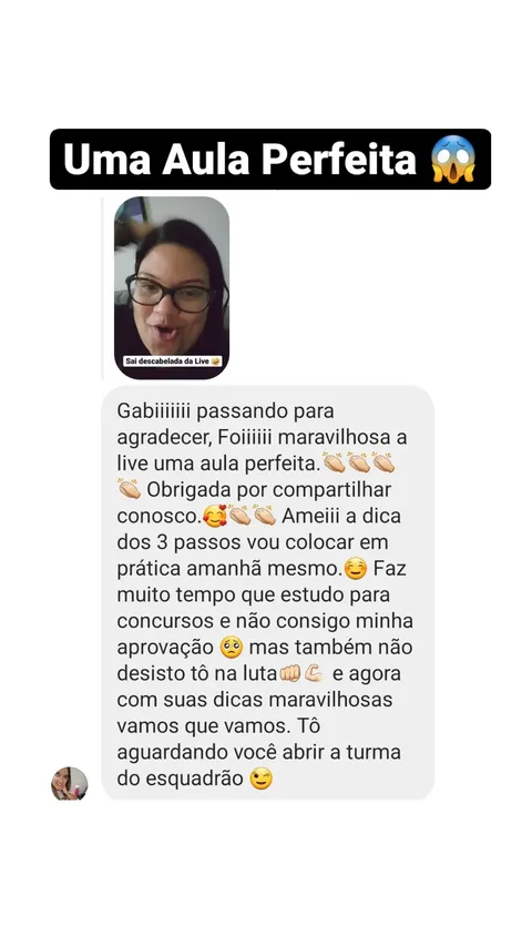 Print real publicado no destaque Depoimentos: aluna agradece uma aula, diz que gostou da dica dos três passos e que vai aplicá-la na preparação para concursos.