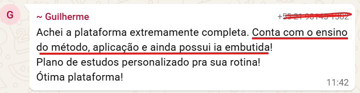 Print do WhatsApp. Guilherme: ensino do método, aplicação, inteligência artificial e plano de estudos personalizado para a rotina.