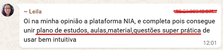 Print do WhatsApp. Leila: plano de estudos, aulas, material e questões em uma plataforma prática e intuitiva.