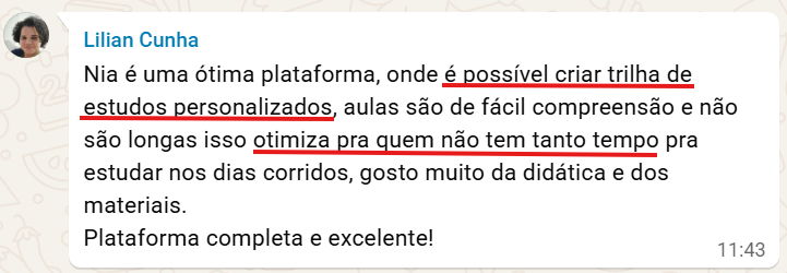 Print do WhatsApp. Lilian: trilha de estudos personalizada e aulas fáceis de compreender que otimizam o tempo.