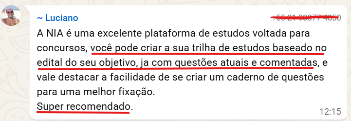 Print do WhatsApp. Luciano: trilha baseada no edital do objetivo e questões atuais comentadas.