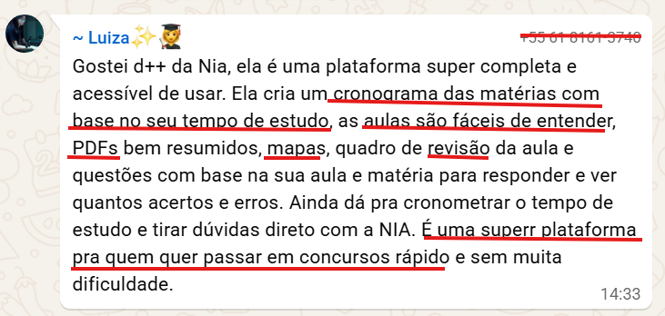 Print do WhatsApp. Luiza: cronograma conforme o tempo de estudo, aulas fáceis de entender, PDFs, mapas e questões.