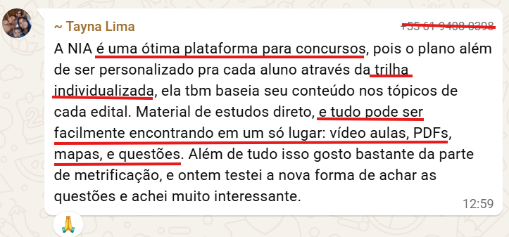 Print do WhatsApp. Tayna: plano personalizado com trilha individualizada, videoaulas, PDFs, mapas e questões em um lugar.